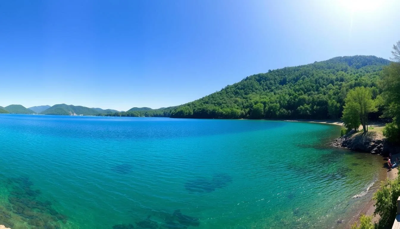 Scenic-view-of-Foster-Lake-Pennsylvania-with-mountains-in-the-background-and-clear-blue-waters Scenic view of Foster Lake, Pennsylvania with mountains in the background and clear blue waters