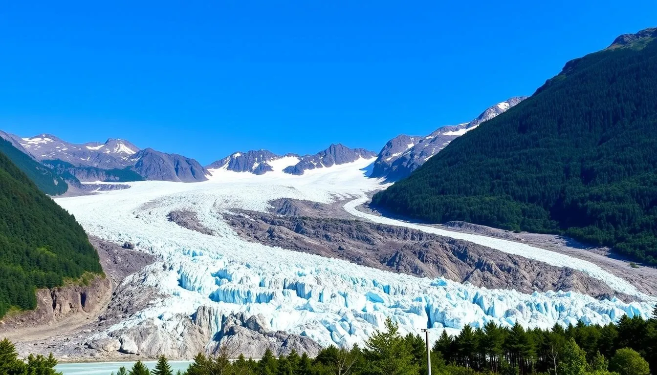 Scenic-view-of-Franz-Josef-Glacier-New-Zealand-with-surrounding-mountains-and-forest Scenic view of Franz Josef Glacier, New Zealand with surrounding mountains and forest