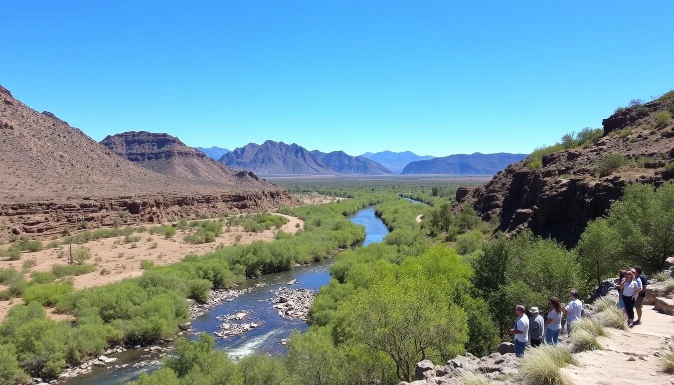 Scenic-view-of-Gila-Box-Riparian-National-Conservation-Area-with-desert-mountains-in-the Scenic view of Gila Box Riparian National Conservation Area with desert mountains in the background and lush green vegetation along the riverbank