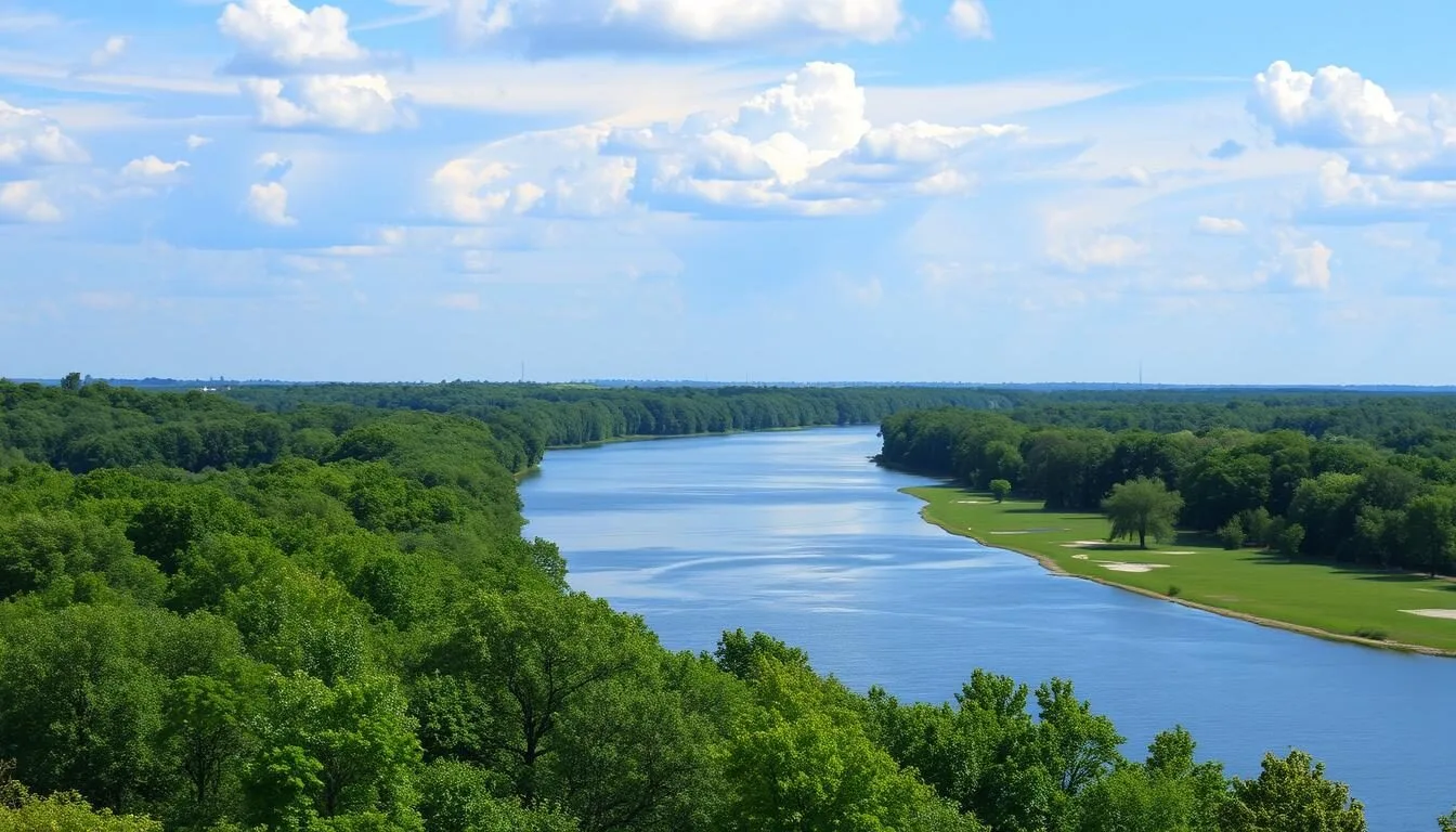 Scenic-view-of-Goose-Island-with-Mississippi-River-in-foreground-and-lush-greenery Scenic view of Goose Island with Mississippi River in foreground and lush greenery