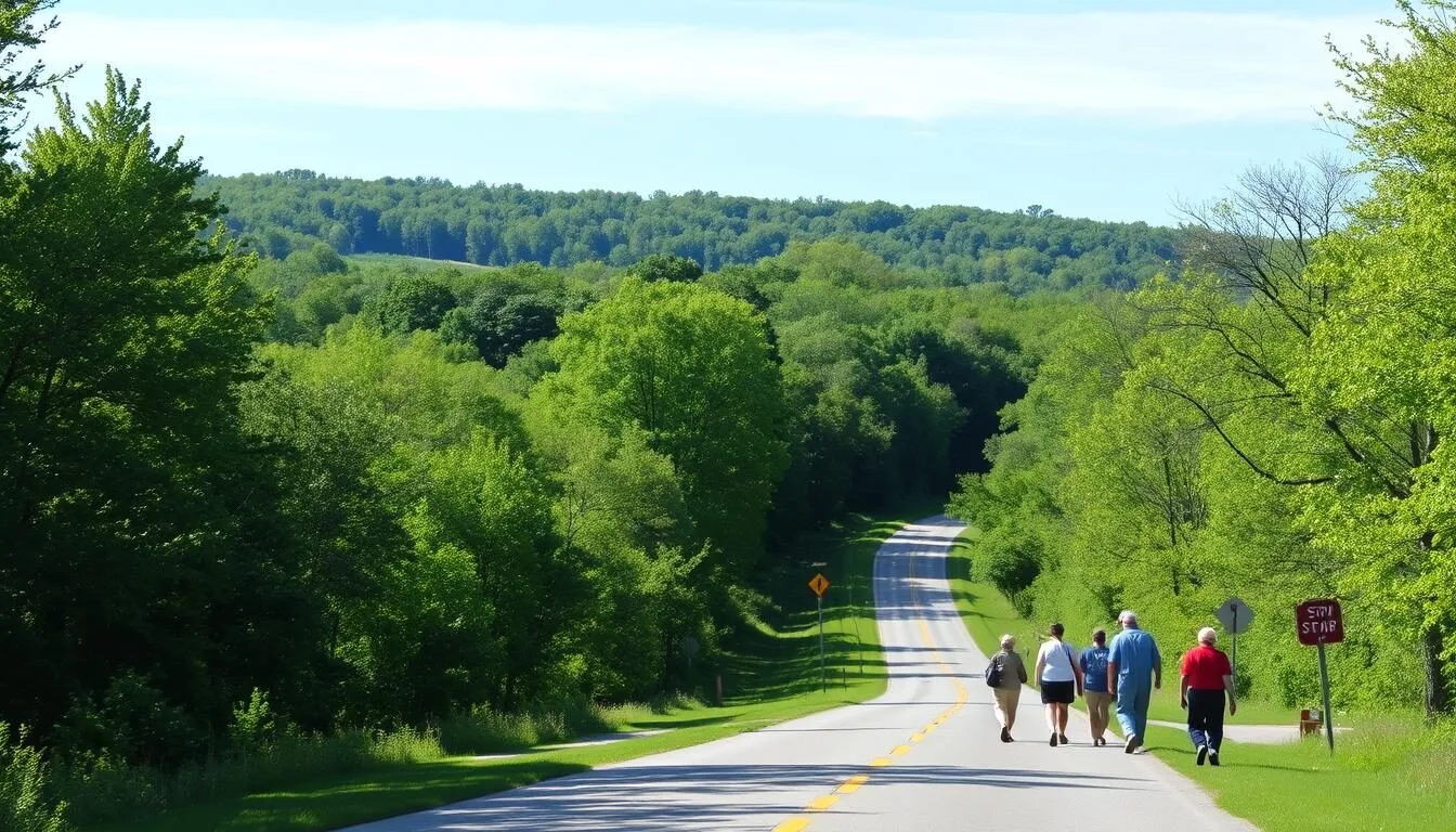 Scenic-view-of-Hamilton-County-State-Park-entrance-road-with-lush-green-trees-on-a-sunny-day Scenic view of Hamilton County State Park entrance road with lush green trees on a sunny day