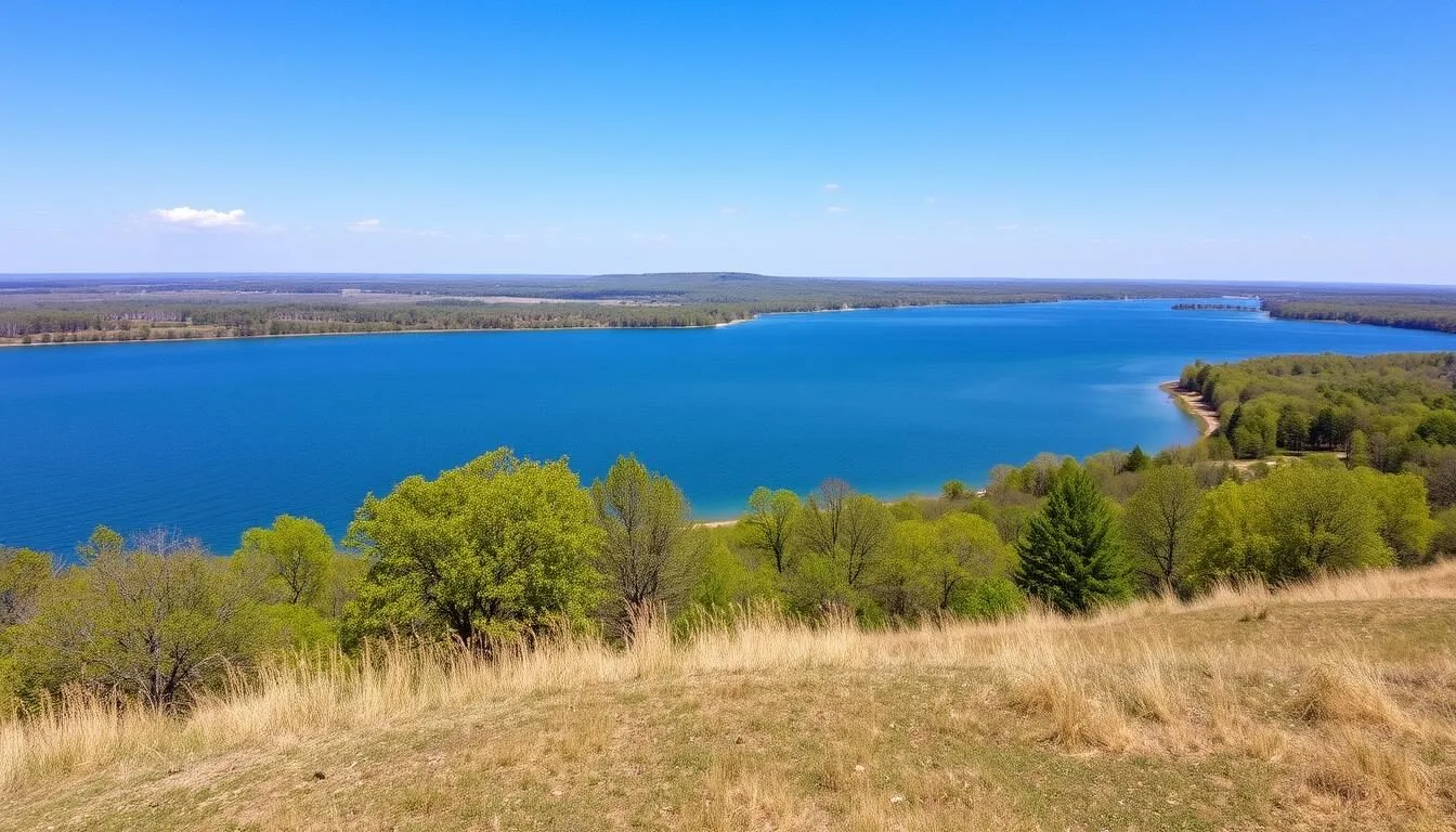 Scenic-view-of-Heidecke-Lake-State-Park-Illinois-with-clear-blue-water-and-surrounding Scenic view of Heidecke Lake State Park Illinois with clear blue water and surrounding landscape on a beautiful sunny day
