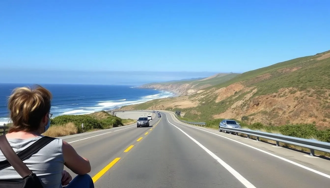 Scenic-view-of-Highway-1-approaching-Moonstone-Beach-in-Cambria-California-with-ocean-views Scenic view of Highway 1 approaching Moonstone Beach in Cambria, California with ocean views and diverse travelers