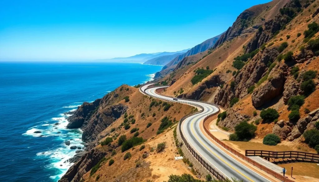 Scenic view of Highway 1 winding along the coastline approaching Limekiln State Park in Big Sur Scenic view of Highway 1 winding along the coastline approaching Limekiln State Park in Big Sur