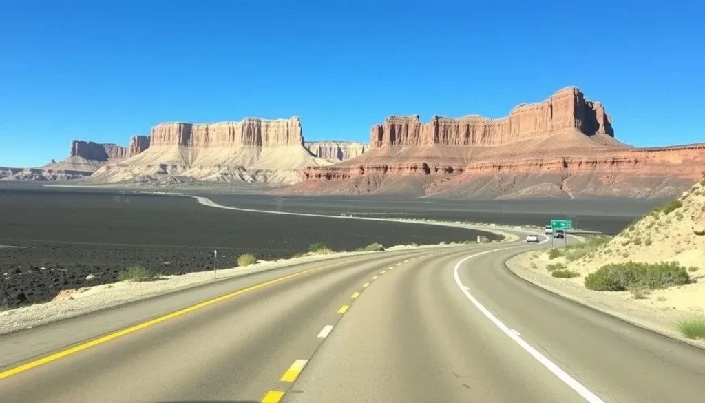 Scenic view of Highway 117 running alongside El Malpais National Monument with sandstone bluffs Scenic view of Highway 117 running alongside El Malpais National Monument with sandstone bluffs