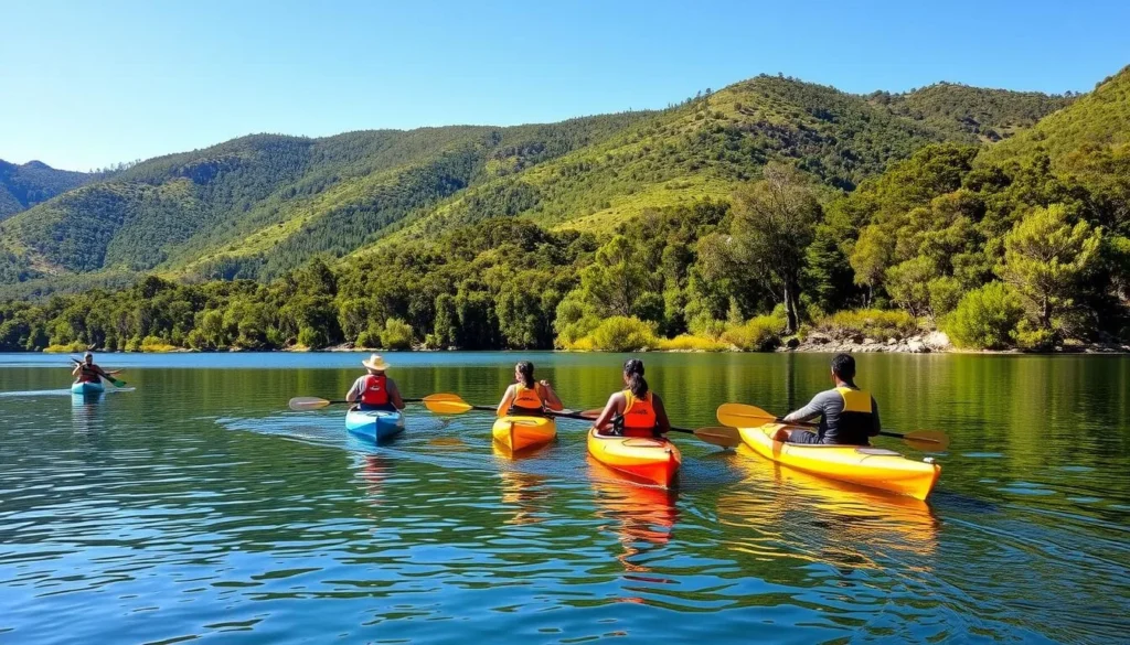 Scenic view of Huon River near Cygnet Tasmania with people kayaking