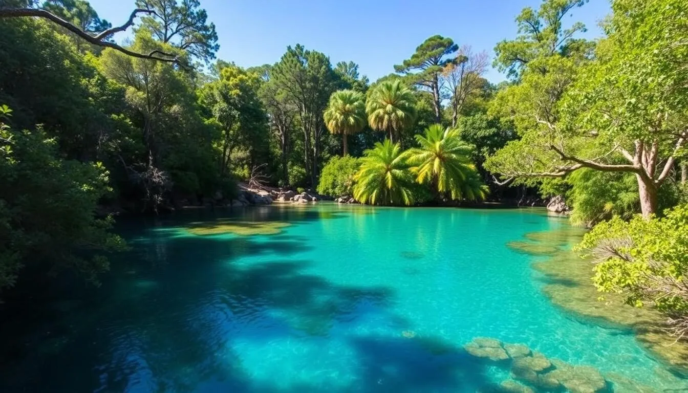 Scenic view of Ichetucknee Springs State Park Florida with crystal clear water and lush green surroundings