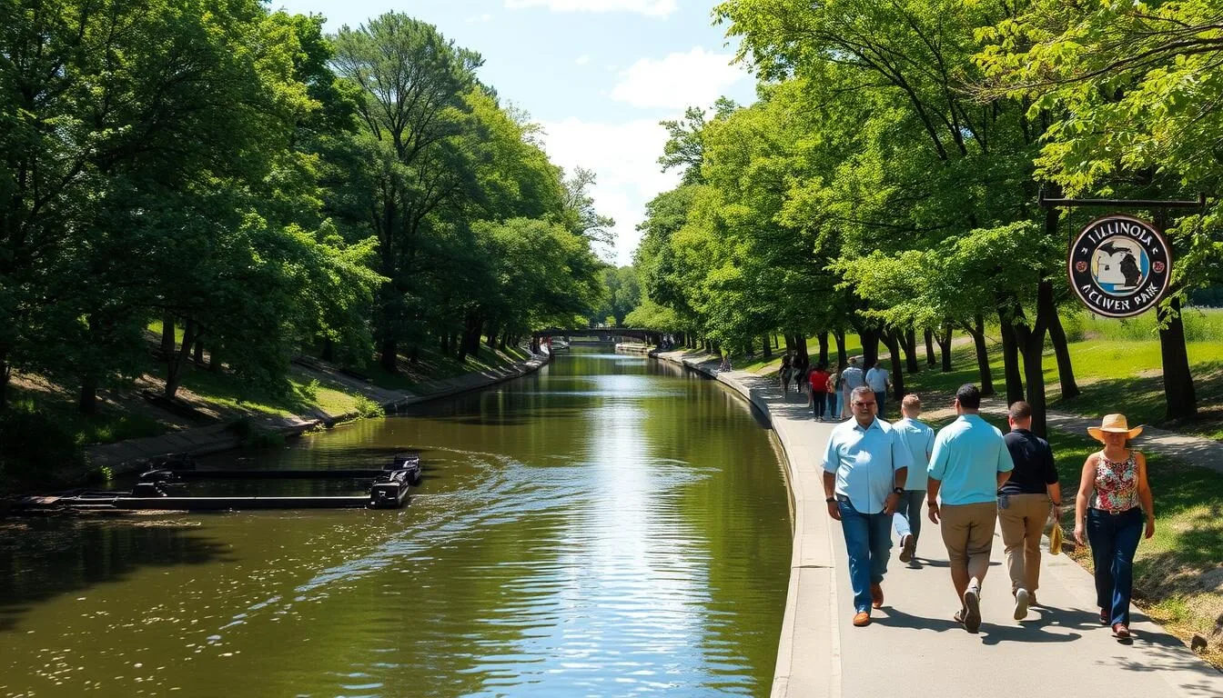 Scenic-view-of-Illinois-and-Michigan-Canal-State-Park-with-visitors-walking-along-the-towpath Scenic view of Illinois and Michigan Canal State Park with visitors walking along the towpath on a sunny day