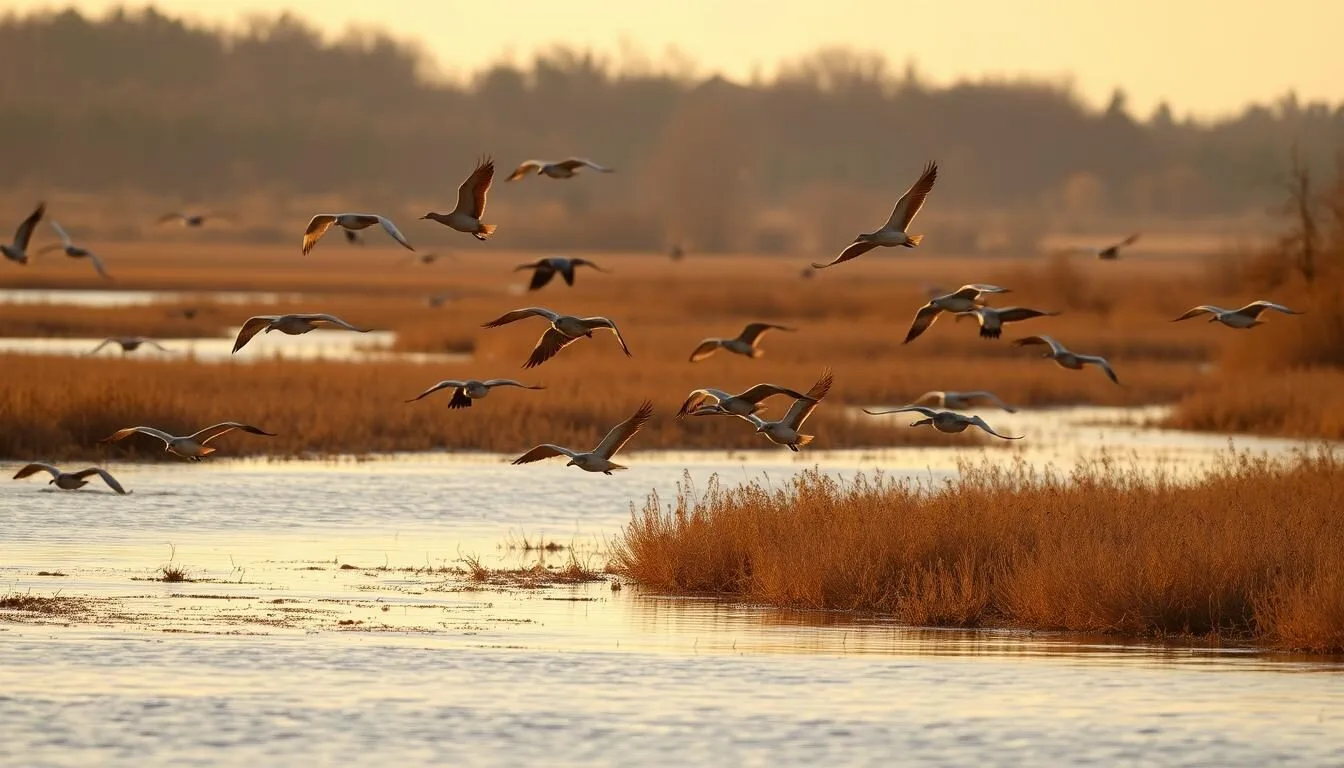 Scenic-view-of-Iroquois-County-State-Park-wetlands-with-migratory-birds-in-flight-over-calm Scenic view of Iroquois County State Park wetlands with migratory birds in flight over calm waters at sunset