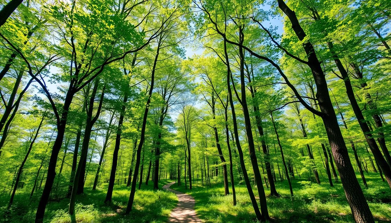 Scenic-view-of-Jacobsburg-Environmental-Education-Center-Pennsylvania-showing-the-old-growth Scenic view of Jacobsburg Environmental Education Center Pennsylvania showing the old-growth forest with tall trees and a clear trail path on a sunny day