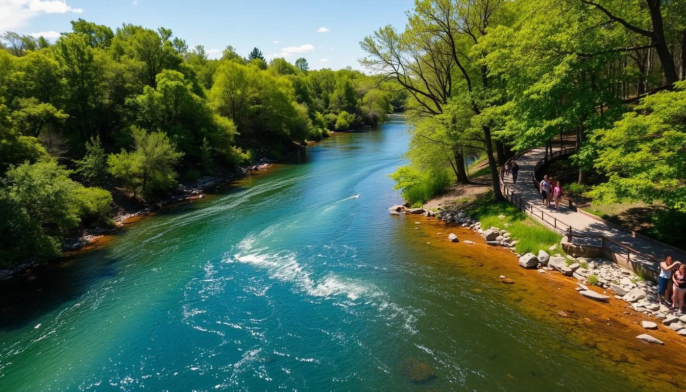 Scenic-view-of-Kankakee-River-State-Park-Illinois-with-the-river-flowing-through-forested-areas Scenic view of Kankakee River State Park Illinois with the river flowing through forested areas on a sunny day