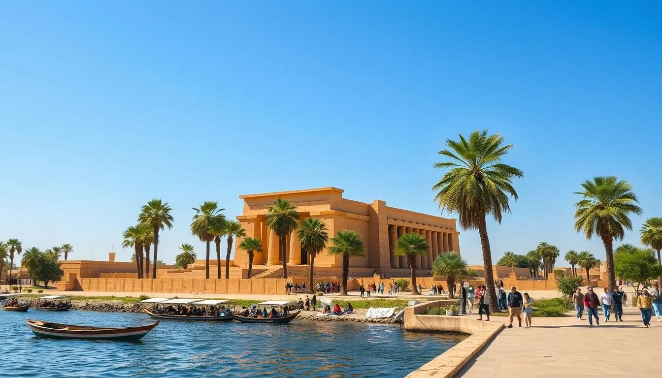 Scenic view of Kom Ombo Temple along the Nile River with palm trees and traditional boats in the foreground