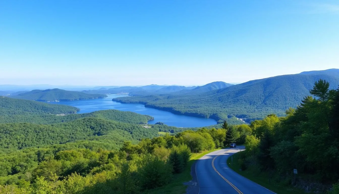 Scenic-view-of-Lake-Ariel-Pennsylvania-with-mountains-in-the-background-and-a-winding-road Scenic view of Lake Ariel, Pennsylvania with mountains in the background and a winding road leading to the lake