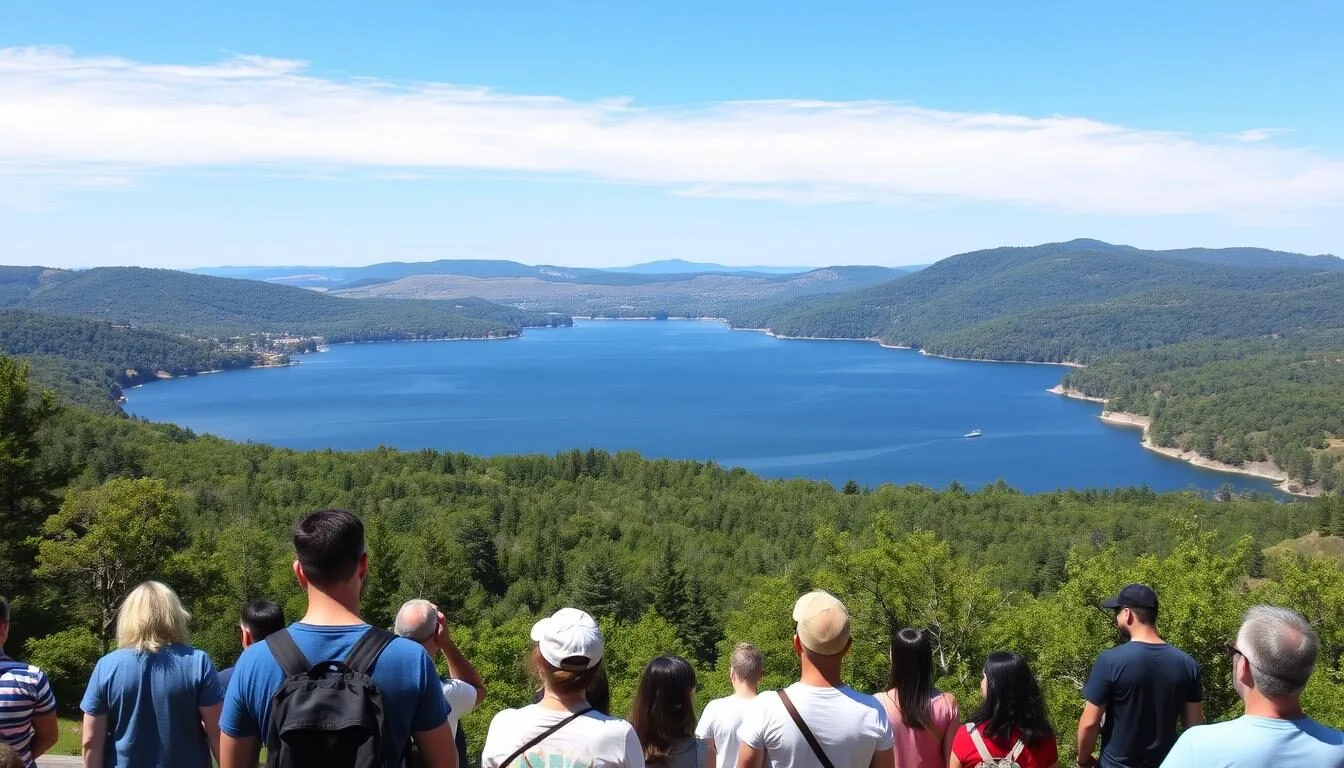 Scenic view of Lake Arthur with rolling hills in the background on a sunny day