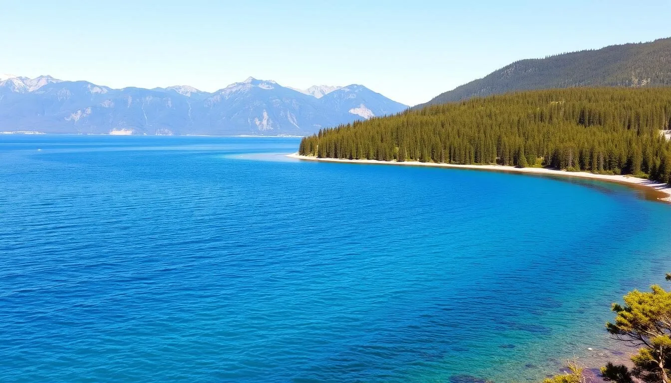Scenic-view-of-Lake-Baikal-shores-in-Zabaykalsky-National-Park-Russia-with-mountains-in Scenic view of Lake Baikal shores in Zabaykalsky National Park, Russia with mountains in background