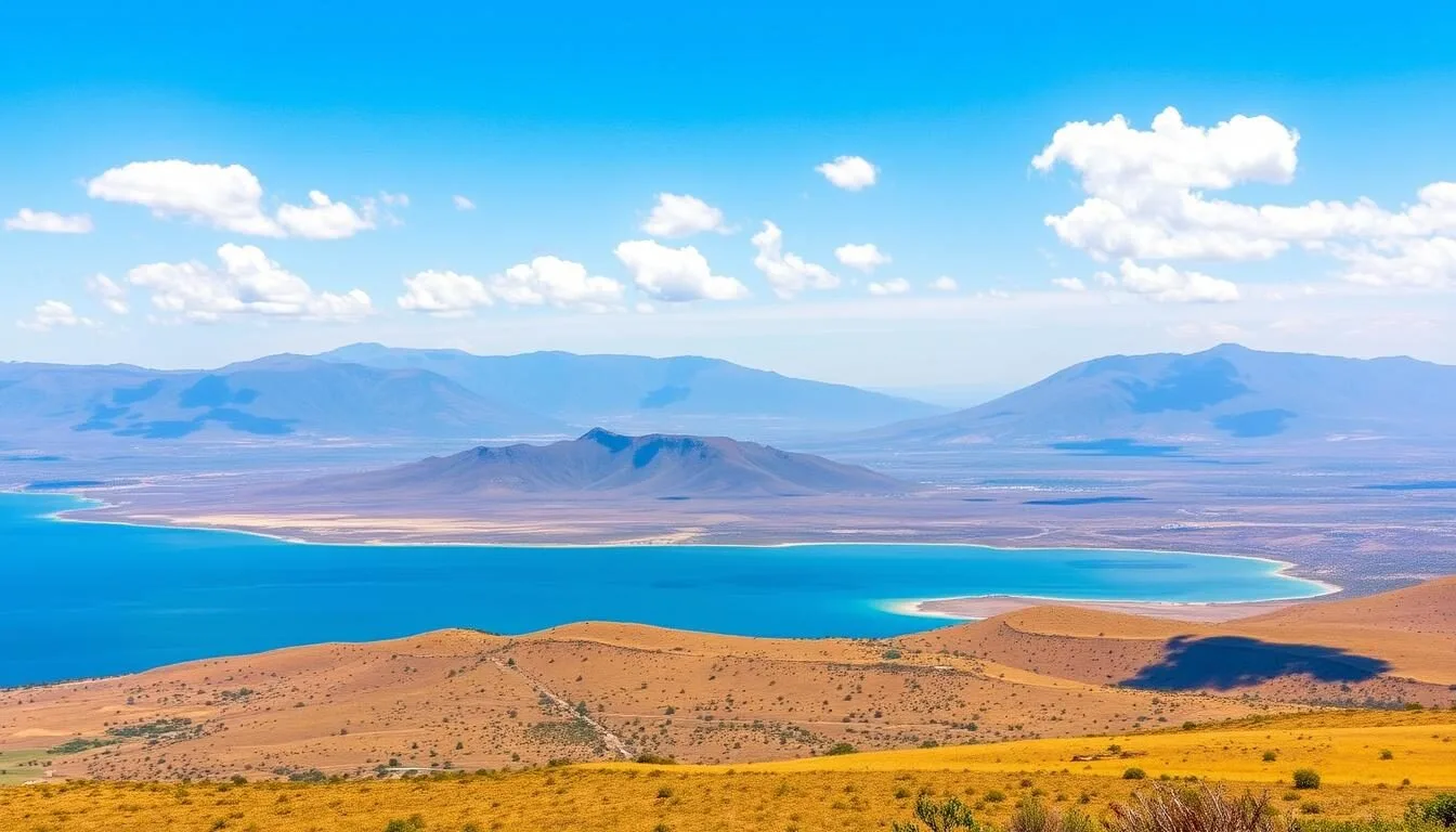Scenic-view-of-Lake-Chamos-shoreline-with-mountains-in-the-background Scenic view of Lake Chamo's shoreline with mountains in the background