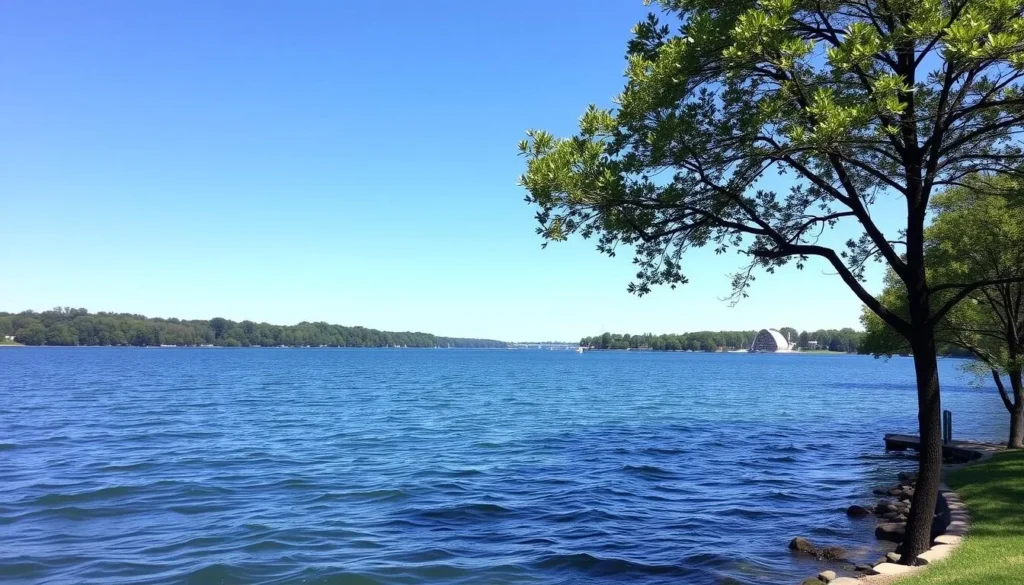 Scenic view of Lake Decatur with the Devon Lakeshore Amphitheater visible along the shoreline Scenic view of Lake Decatur with the Devon Lakeshore Amphitheater visible along the shoreline