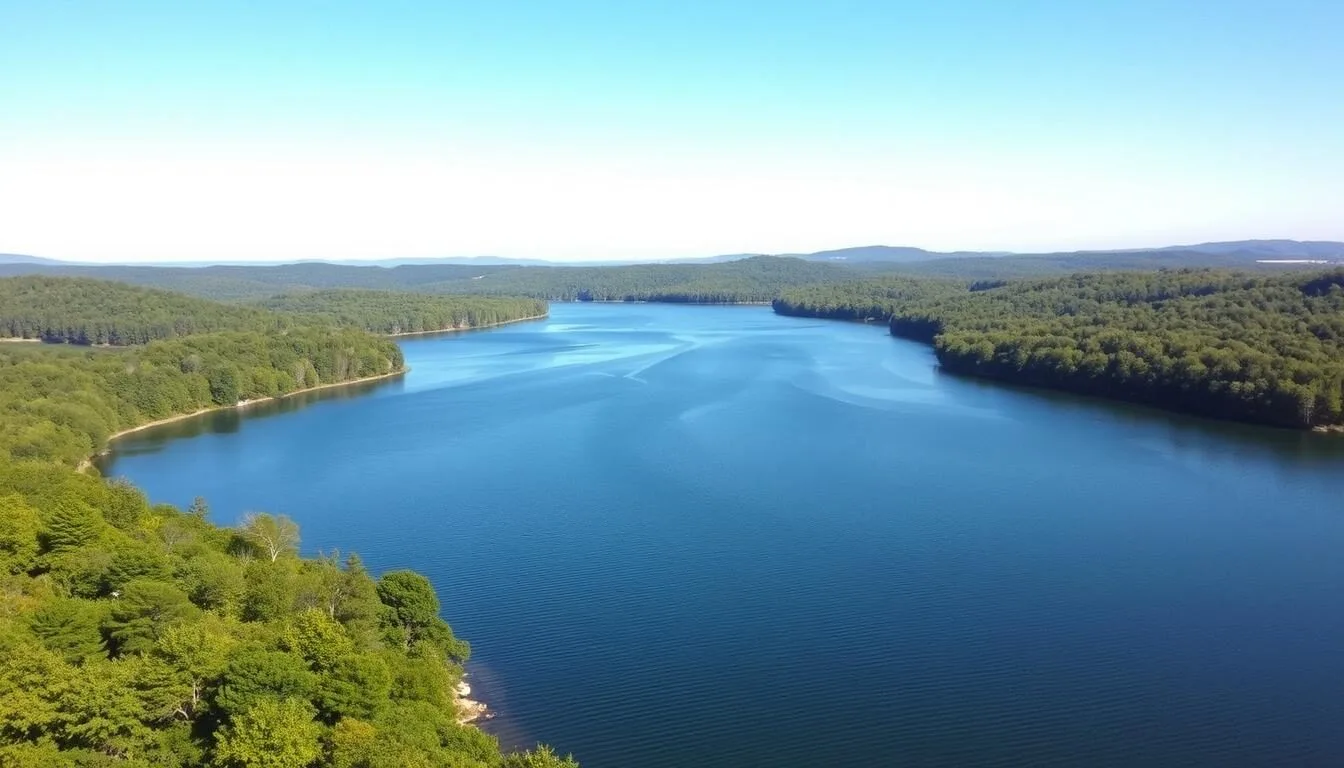 Scenic-view-of-Lake-Kinkaid-with-forested-shoreline-on-a-clear-sunny-day Scenic view of Lake Kinkaid with forested shoreline on a clear sunny day