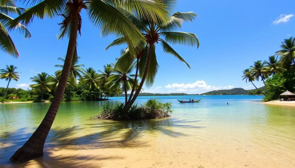 Scenic view of Lake Mainstay near Anna Regina with palm trees and clear water