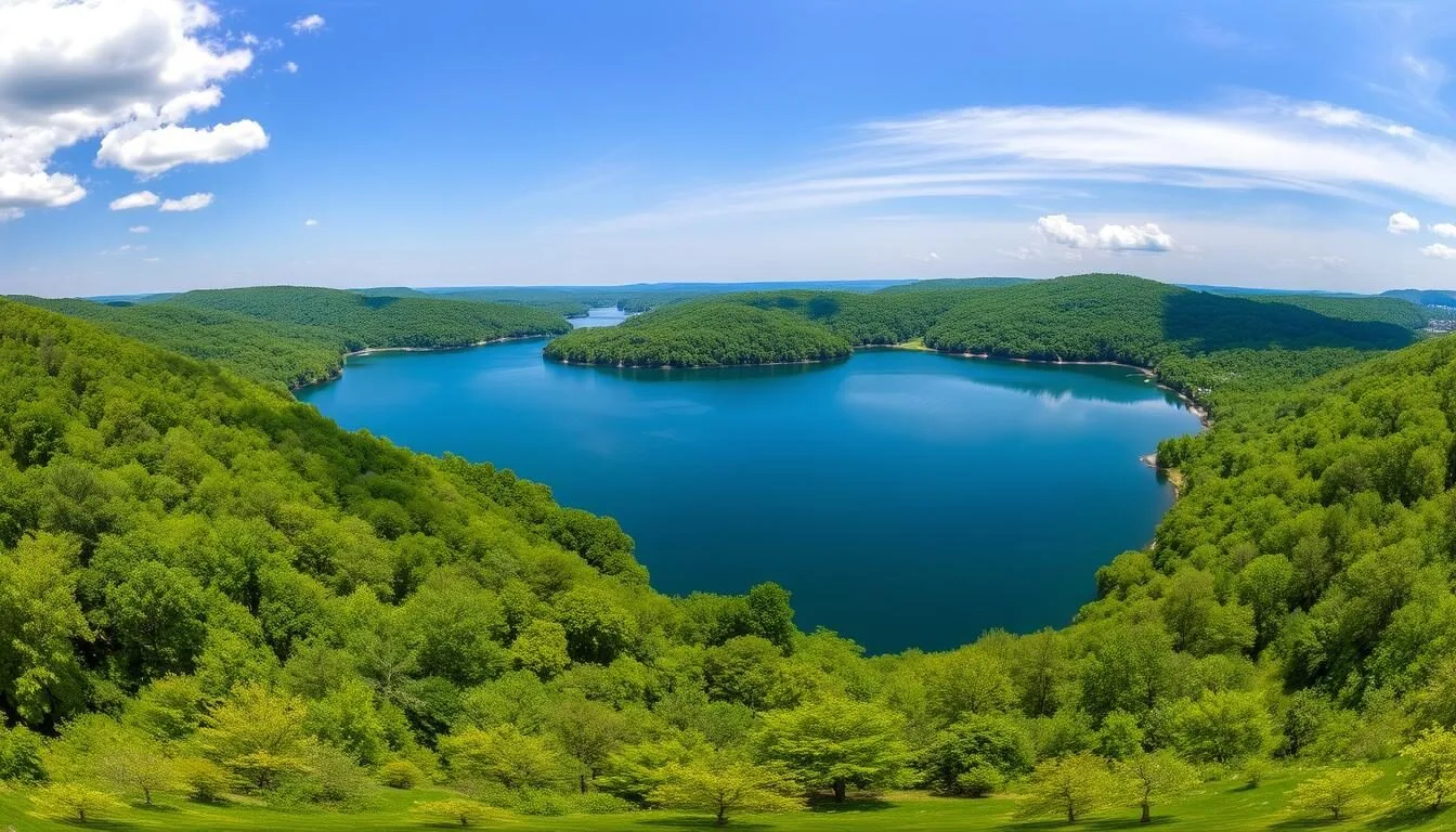 Scenic-view-of-Lake-Marburg-at-Codorus-State-Park-Pennsylvania-with-forested-shoreline-on-a Scenic view of Lake Marburg at Codorus State Park, Pennsylvania with forested shoreline on a sunny day