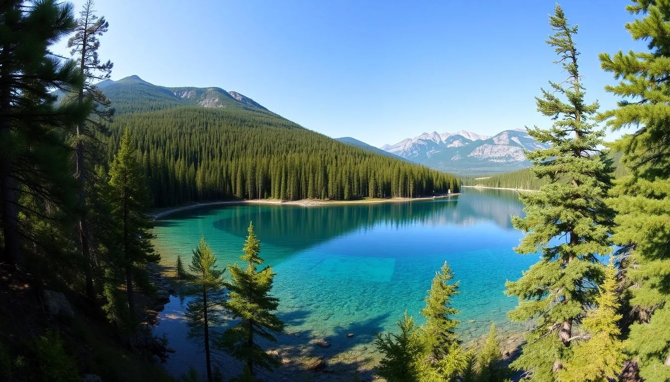 Scenic-view-of-Lake-Rudanovskoye-with-forested-shores-and-mountains-in-the-background Scenic view of Lake Rudanovskoye with forested shores and mountains in the background