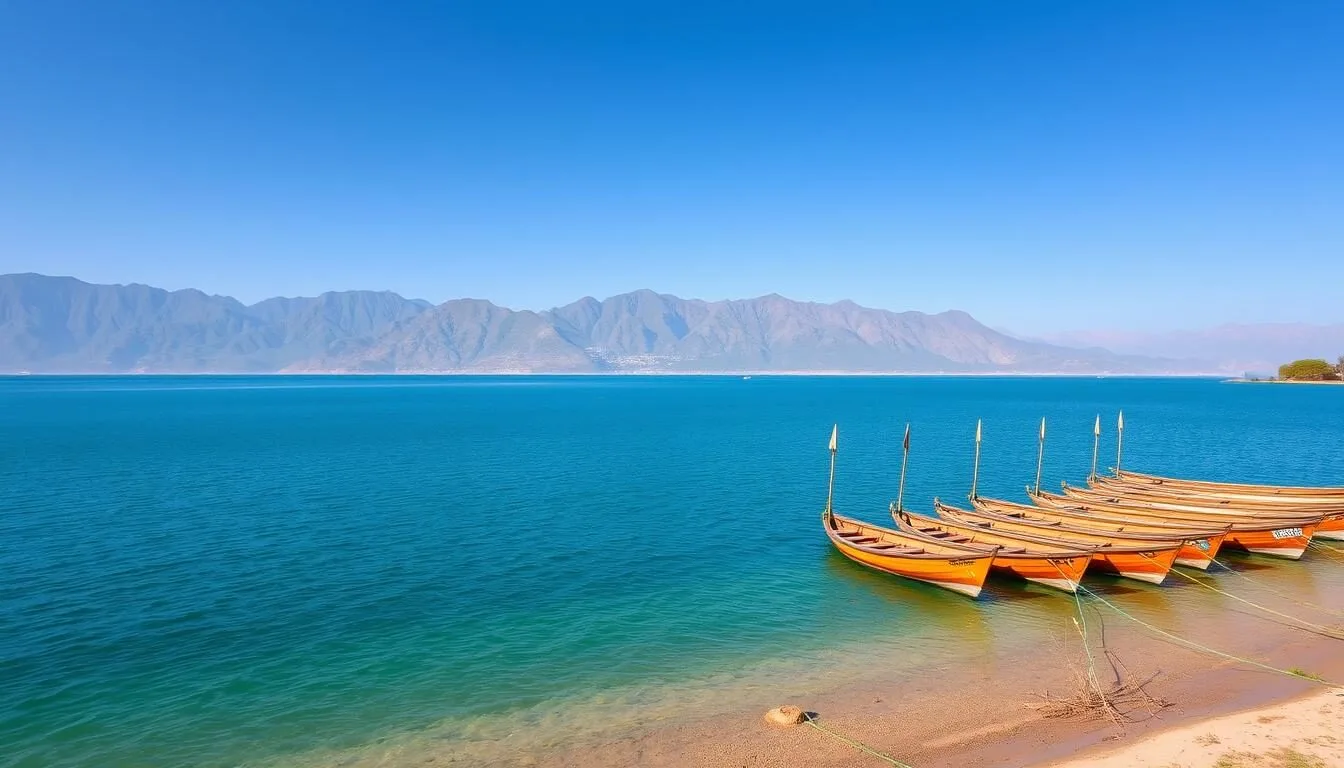 Scenic-view-of-Lake-Ziway-with-mountains-in-the-background-and-traditional-boats-on-the-shore Scenic view of Lake Ziway with mountains in the background and traditional boats on the shore