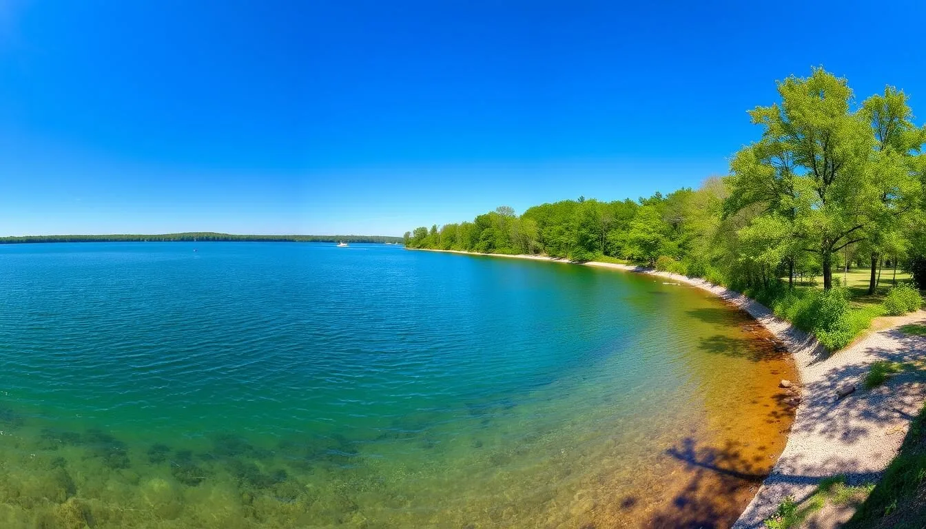 Scenic-view-of-Lake-of-Egypt-in-Southern-Illinois-showing-its-beautiful-shoreline-and-clear Scenic view of Lake of Egypt in Southern Illinois showing its beautiful shoreline and clear waters on a sunny day
