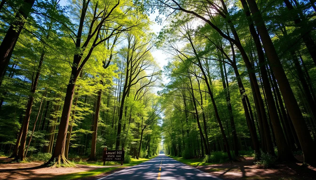 Scenic-view-of-Laurel-Hill-State-Park-entrance-road-surrounded-by-lush-green-forest-in-summer Scenic view of Laurel Hill State Park entrance road surrounded by lush green forest in summer