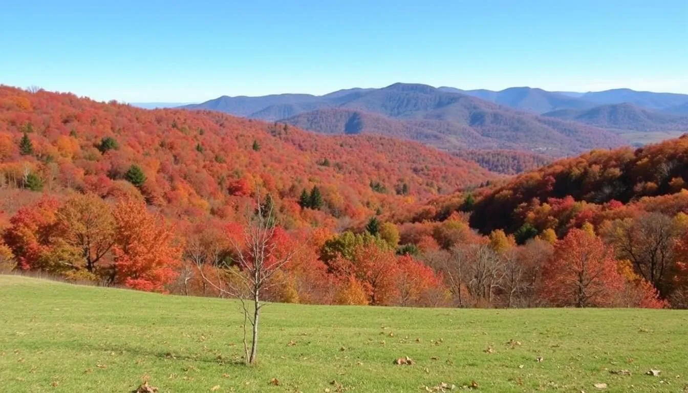 Scenic-view-of-Laurel-Mountain-State-Park-Pennsylvania-with-autumn-foliage-and-mountain Scenic view of Laurel Mountain State Park Pennsylvania with autumn foliage and mountain backdrop