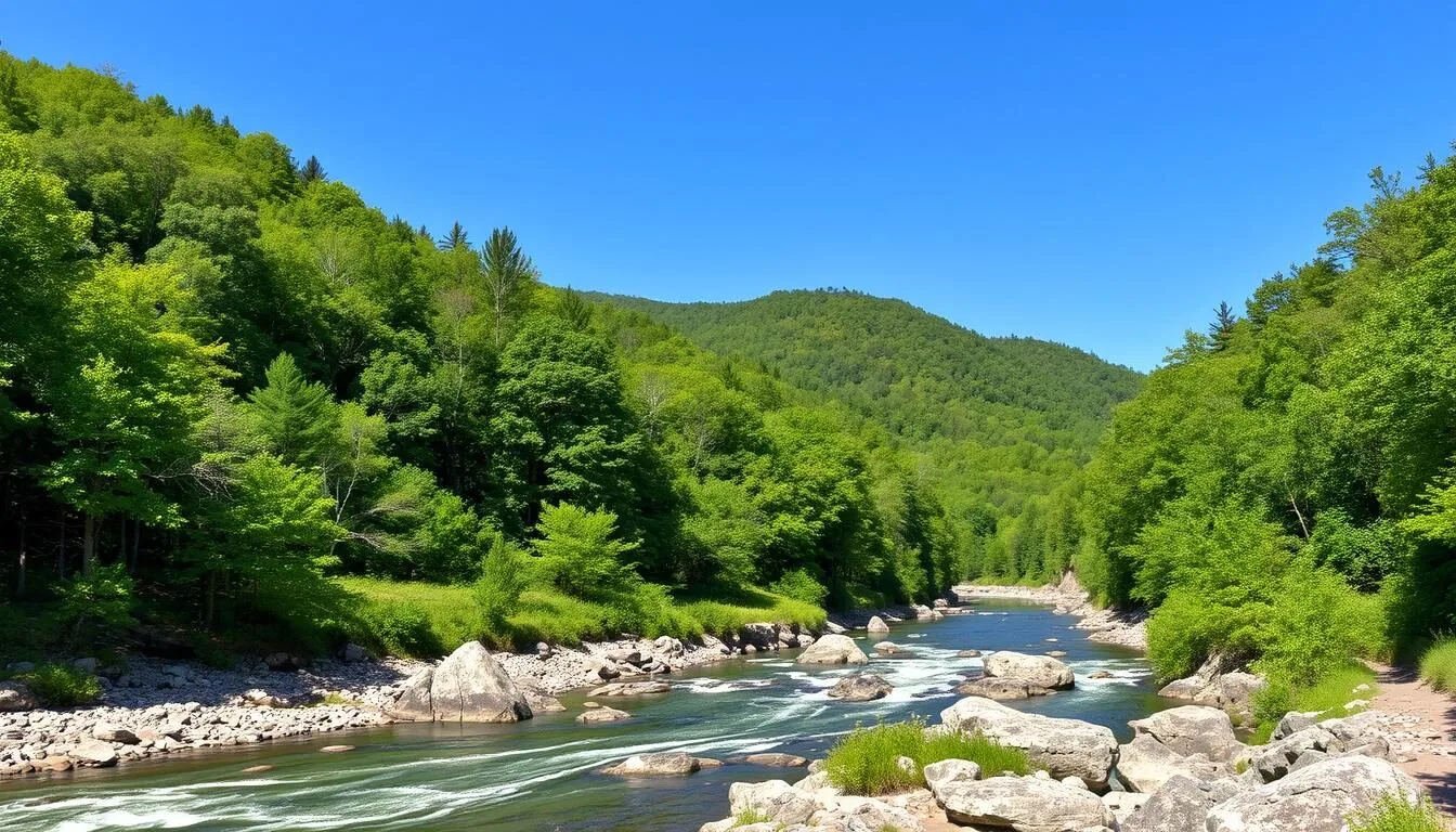 Scenic-view-of-Lehigh-Gorge-State-Park-with-lush-green-forest-and-the-Lehigh-River-flowing Scenic view of Lehigh Gorge State Park with lush green forest and the Lehigh River flowing through rocky terrain
