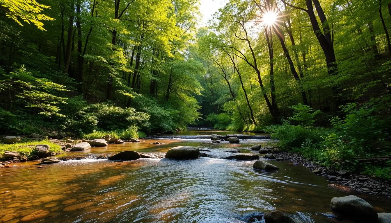 Scenic-view-of-Linn-Run-State-Park-Pennsylvania-with-lush-green-forest-and-flowing-stream Scenic view of Linn Run State Park Pennsylvania with lush green forest and flowing stream