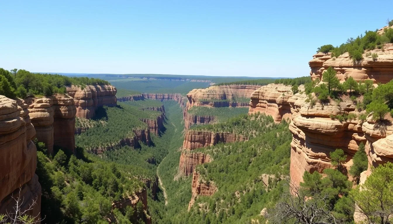 Scenic-view-of-Little-Grand-Canyon-Illinois-with-forested-hills-and-sandstone-formations Scenic view of Little Grand Canyon Illinois with forested hills and sandstone formations