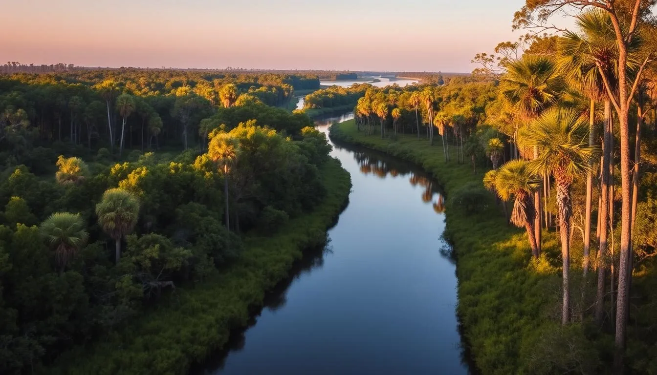 Scenic view of Little Manatee River State Park Florida with lush vegetation and calm waters