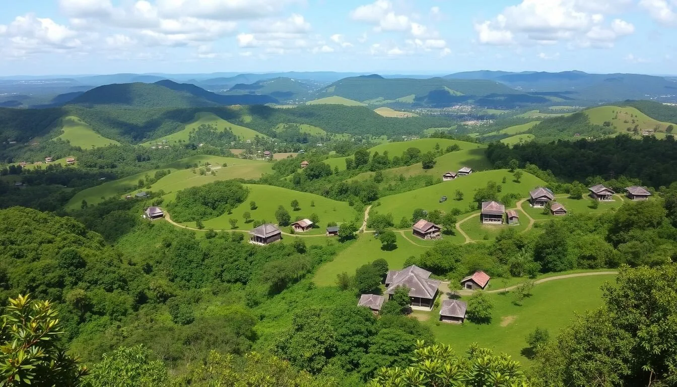 Scenic view of Mabaruma's lush green landscape with rolling hills and traditional wooden houses