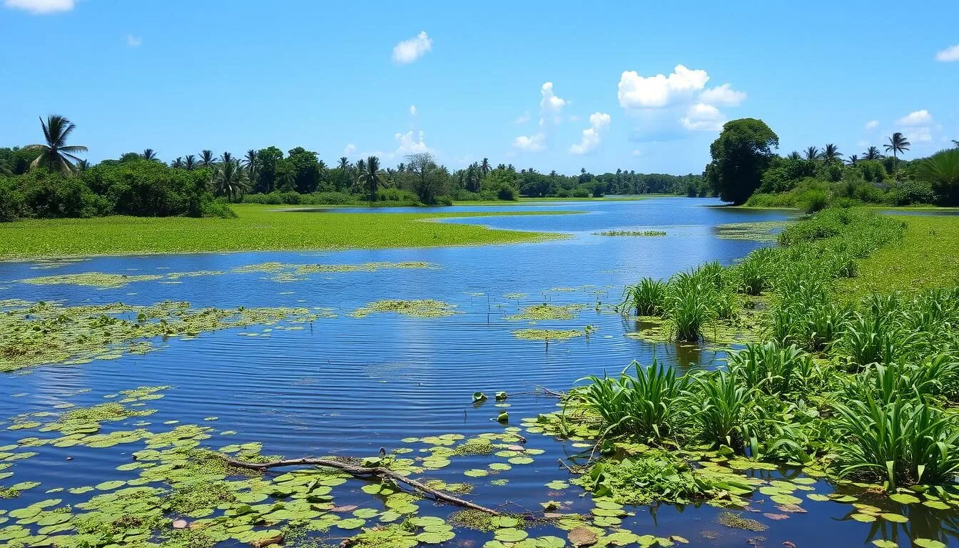 Scenic view of Mahaica Lakes Region landscape with lush greenery and water