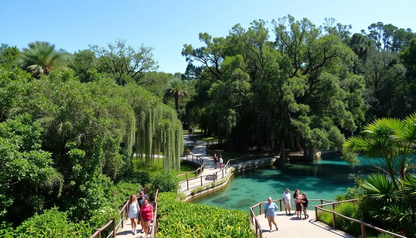 Scenic view of Manatee Springs State Park entrance area with lush greenery and clear waters