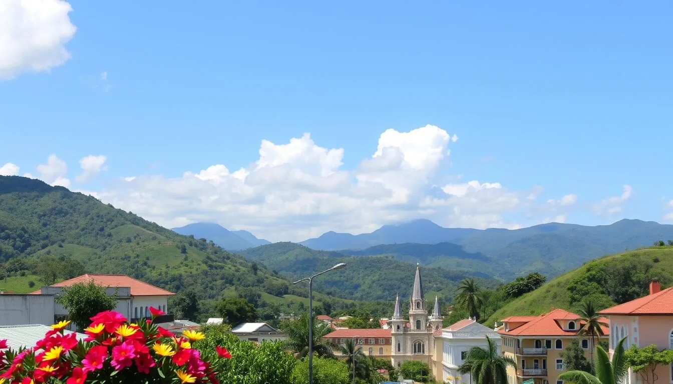 Scenic view of Mandeville's lush green hillsides and colonial architecture on a beautiful sunny day