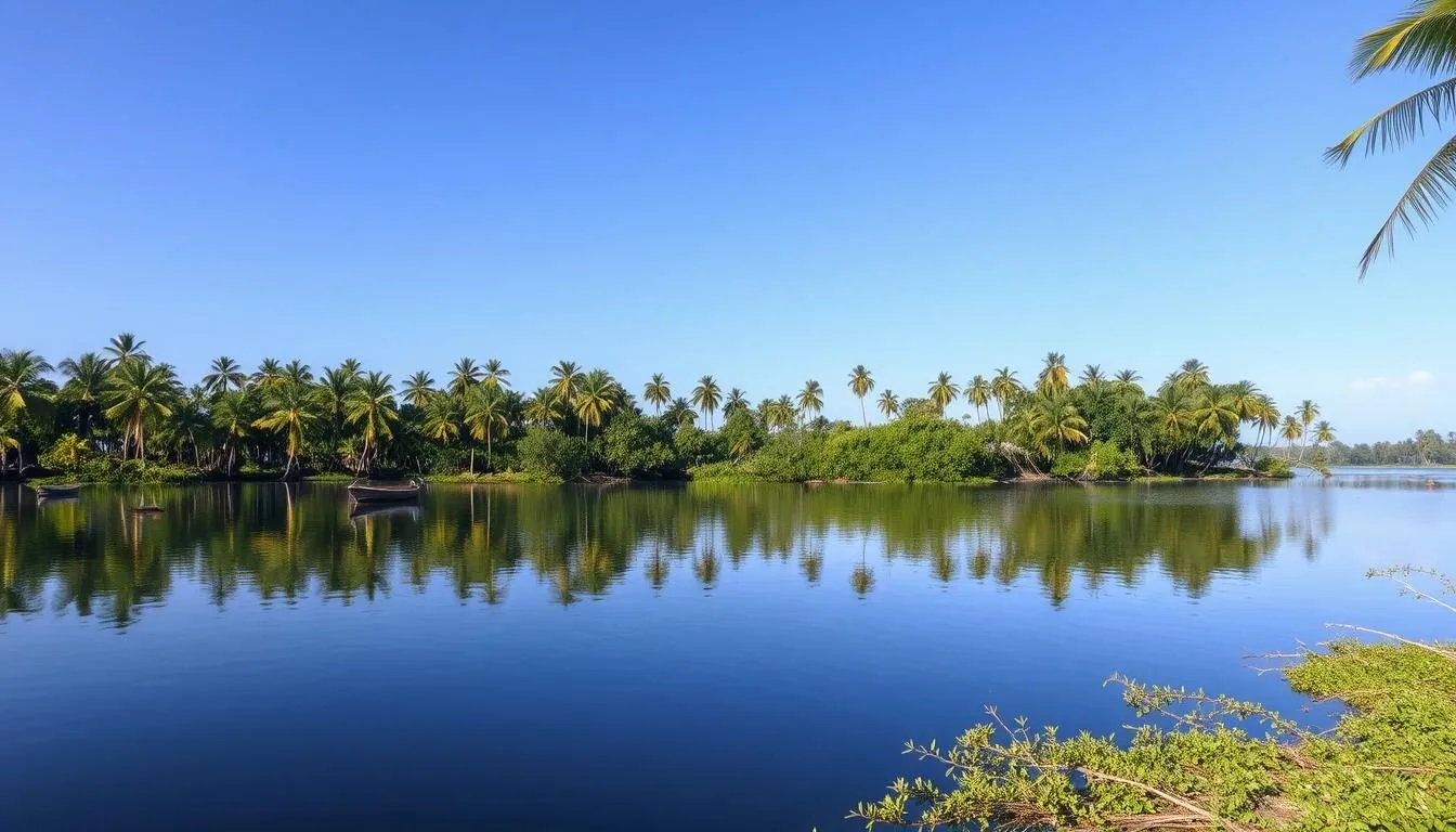 Scenic-view-of-Mashabo-Lake-with-palm-trees-lining-the-shore-and-traditional-boats-on-the-water Scenic view of Mashabo Lake with palm trees lining the shore and traditional boats on the water