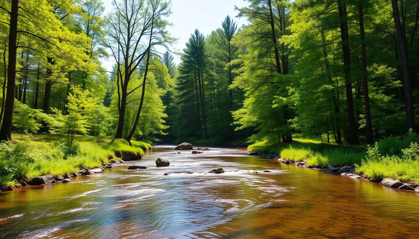 Scenic-view-of-McCalls-Dam-State-Park-showing-White-Deer-Creek-flowing-through-a-forested-area- Scenic view of McCalls Dam State Park showing White Deer Creek flowing through a forested area with tall hemlock trees on a sunny day