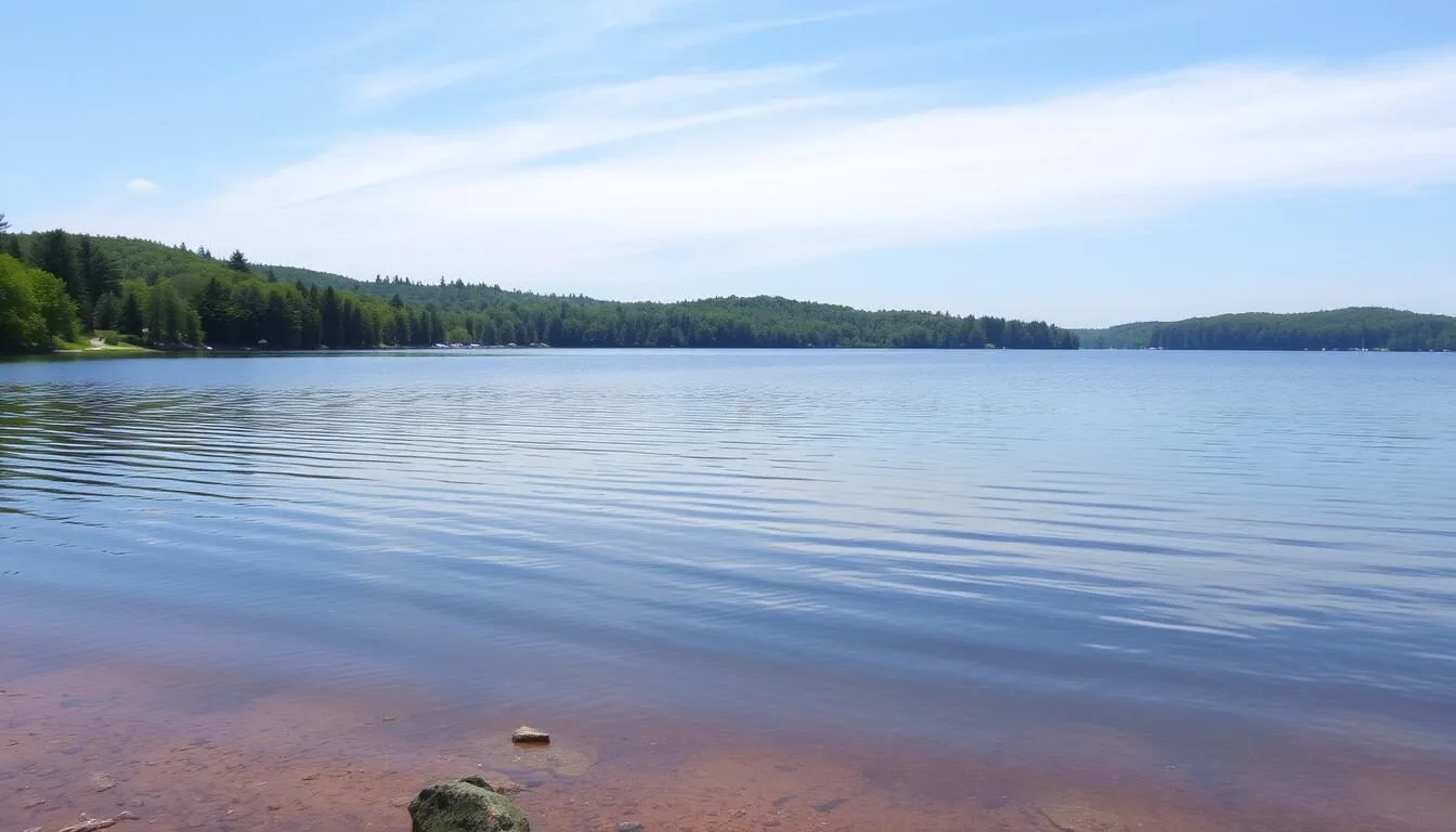 Scenic-view-of-Memorial-Lake-State-Park-Pennsylvania-with-the-calm-lake-waters-reflecting-the Scenic view of Memorial Lake State Park Pennsylvania with the calm lake waters reflecting the surrounding trees