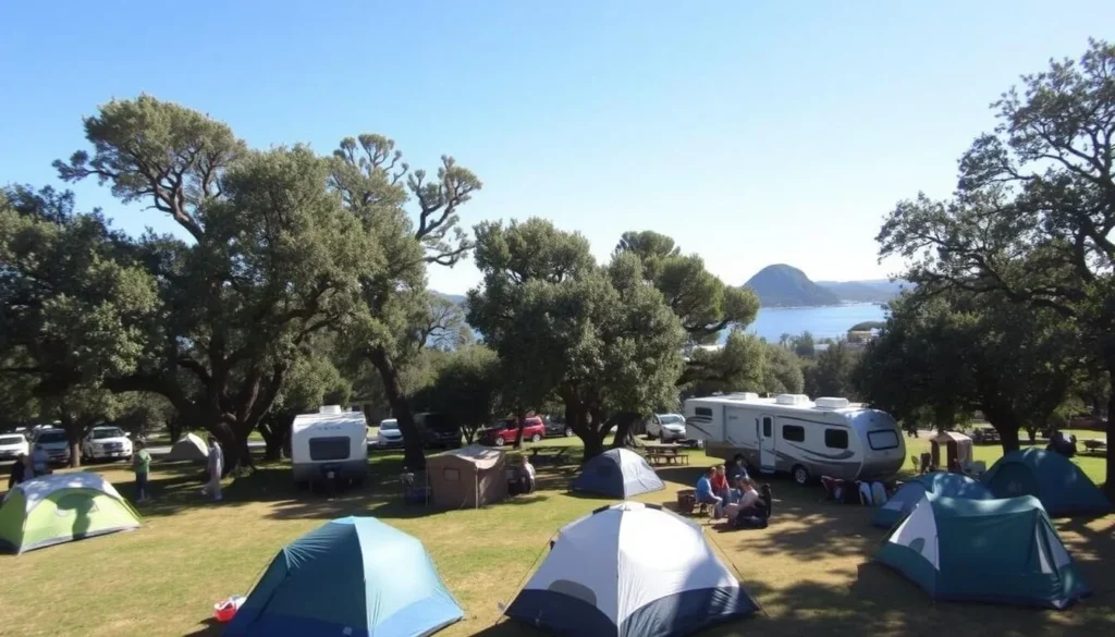 Scenic view of Morro Bay State Park campground with tents and RVs nestled among oak trees with Morro Rock visible in the distance Scenic view of Morro Bay State Park campground with tents and RVs nestled among oak trees with Morro Rock visible in the distance