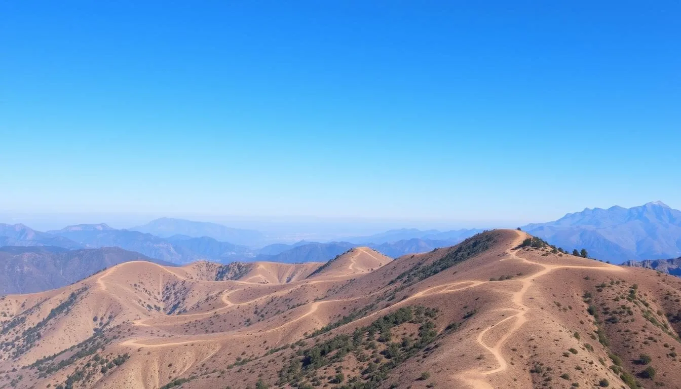 Scenic-view-of-Mount-Baldys-landscape-with-hiking-trails-visible-on-a-clear-sunny-day Scenic view of Mount Baldy's landscape with hiking trails visible on a clear sunny day