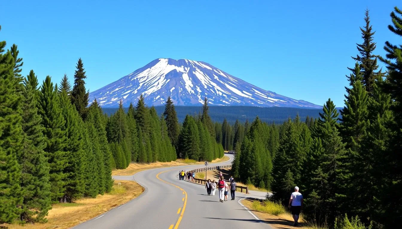 Scenic-view-of-Mount-Lassen-California-things-to-do-with-the-volcano-visible-in-the-background- Scenic view of Mount Lassen California things to do with the volcano visible in the background and a winding road leading to it