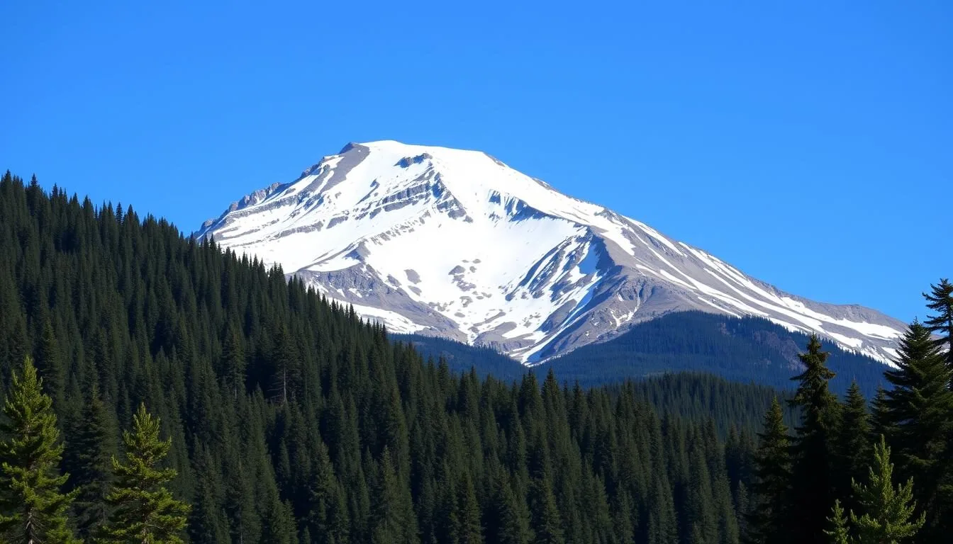 Scenic-view-of-Mount-Shasta-with-clear-blue-skies-and-surrounding-forest-landscape Scenic view of Mount Shasta with clear blue skies and surrounding forest landscape