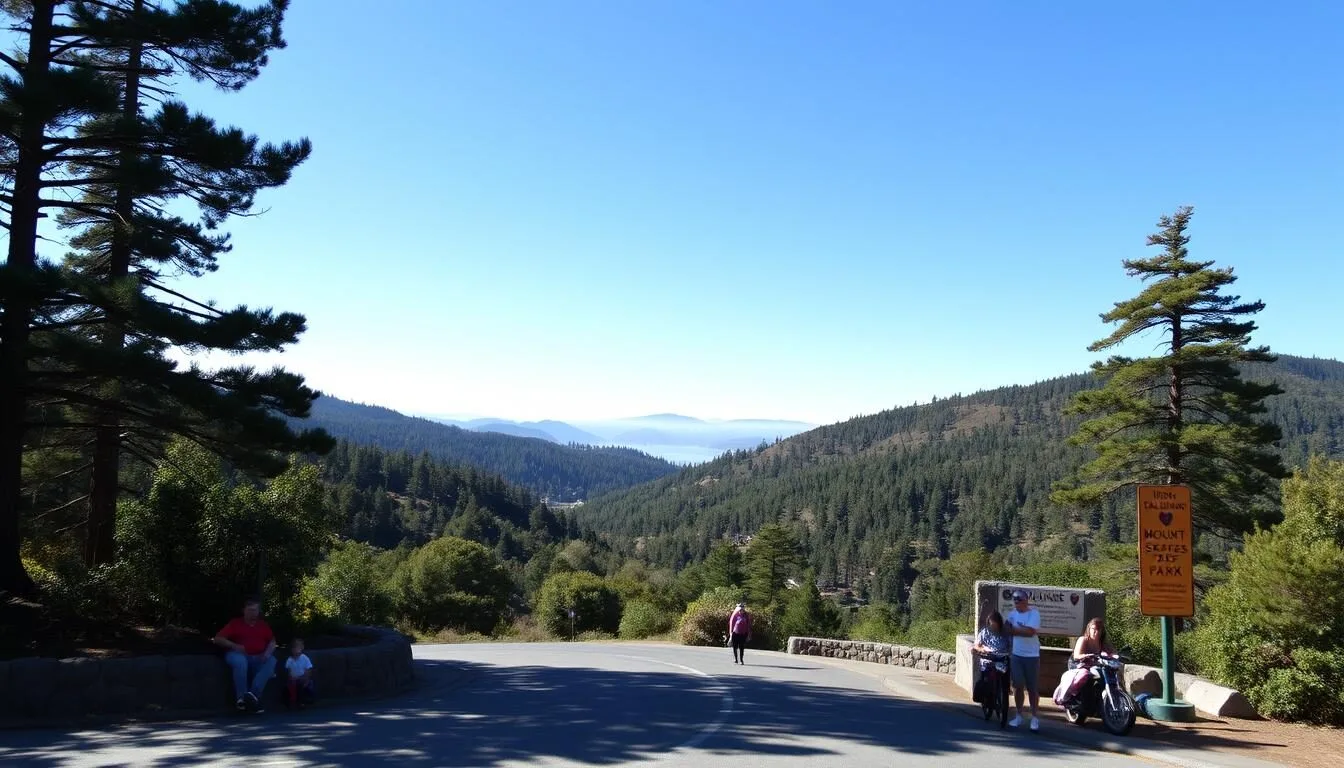 Scenic-view-of-Mount-Tamalpais-State-Park-entrance-with-forested-hills-and-clear-blue-sky Scenic view of Mount Tamalpais State Park entrance with forested hills and clear blue sky