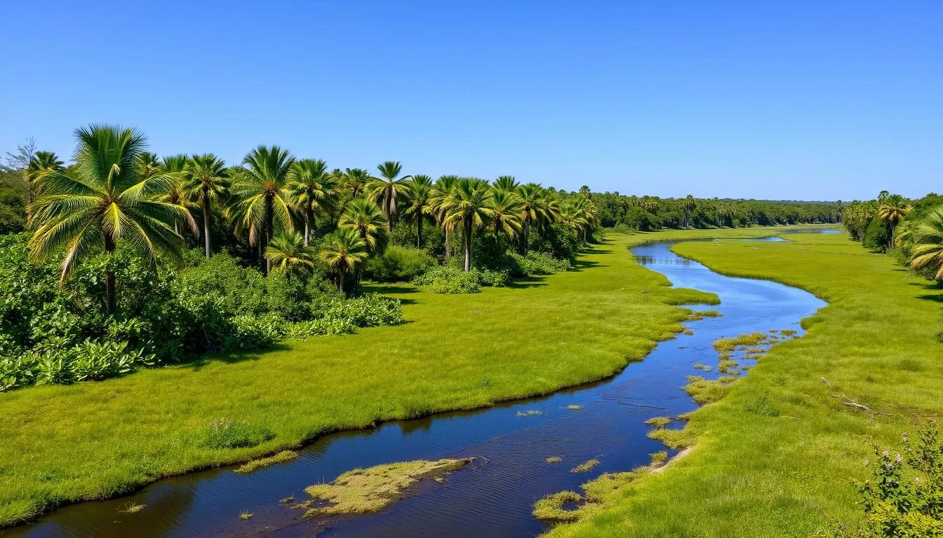 Scenic view of Myakka River State Park showing the river winding through lush green wetlands with palm trees and wildlife
