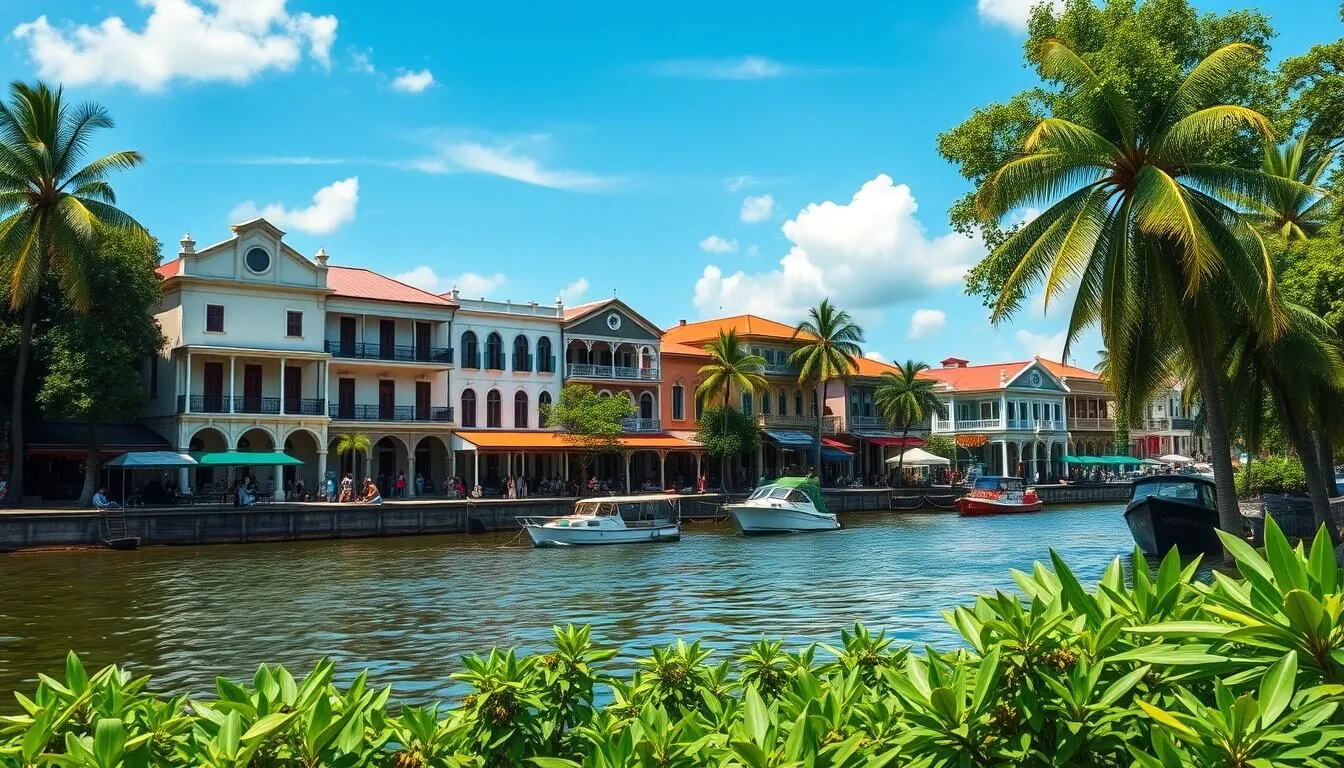 Scenic view of New Amsterdam waterfront with colonial buildings and lush vegetation along the Berbice River
