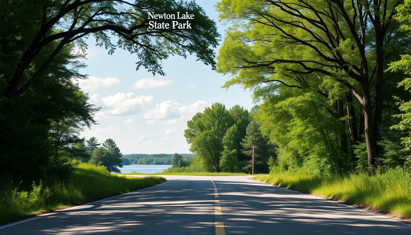 Scenic-view-of-Newton-Lake-State-Park-entrance-road-with-lush-green-trees-lining-both-sides-on- Scenic view of Newton Lake State Park entrance road with lush green trees lining both sides on a sunny day