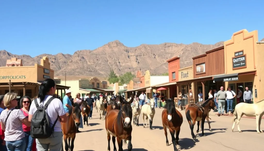 Scenic view of Oatman, Arizona with wild burros roaming the historic western town Scenic view of Oatman, Arizona with wild burros roaming the historic western town