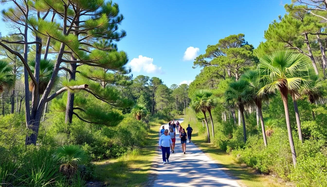 Scenic view of Oscar Scherer State Park entrance area with lush Florida vegetation and blue skies